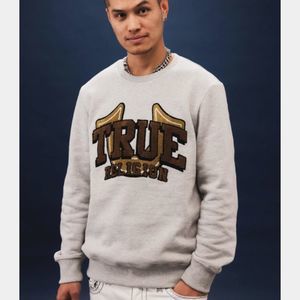 True Religion Heather Grey Pullover Sweatshirt Large Front Patch Unisex Sz S